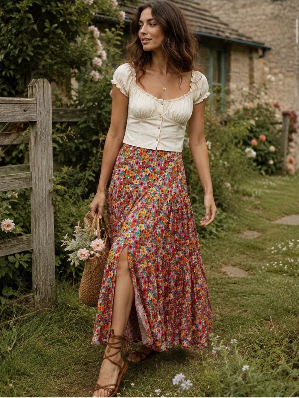 Koton Cottagecore Floral Tiered Maxi Skirt Boho A-Line Size Medium